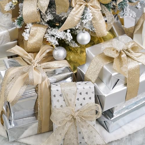 HUIHUANG Champagne Christmas Ribbon Wired Gold Christmas Tree Ribbon 6 Rolls Glitter Wired Edge Ribbons for X-mas Tree, Gift Wrapping, Wreath, Garland, Home Decor (2.5" Wide, 36 Yds Total) - Image 3