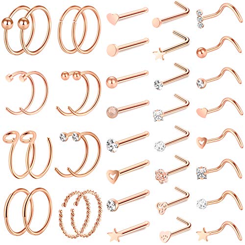 ONESING 40 PCS 20G Nose Rings for Women Nose Piercings Jewelry Gold Nose Rings Hoops Nose Studs Screw for Women Men - Image 1