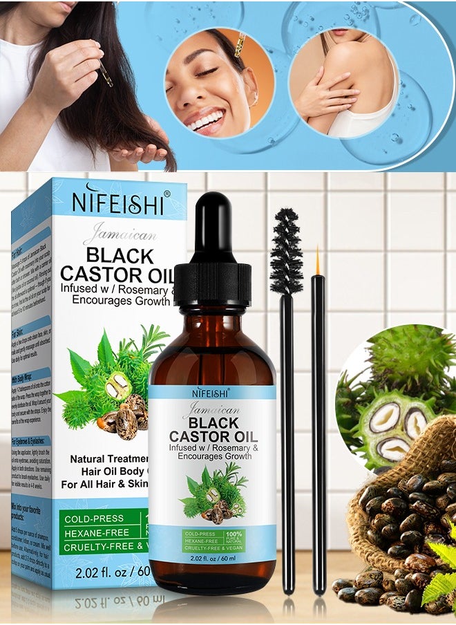 NIFEISHI - 60ml Jamaican Black Castor Oil Infused with Rosemary for Hair Growth 100% Pure Organic Cold Pressed Castor Rosemary Oil for Hair Growth Eyelash Eyebrow Growth Body & Skin Care Oil - Image 1