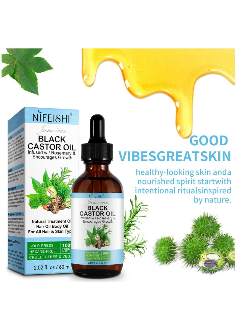 NIFEISHI - 60ml Jamaican Black Castor Oil Infused with Rosemary for Hair Growth 100% Pure Organic Cold Pressed Castor Rosemary Oil for Hair Growth Eyelash Eyebrow Growth Body & Skin Care Oil - Image 1