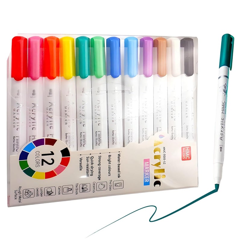 Wishkey WISHKEY 12 Shades Acrylic Marker Pen Set, Water-Based Non-Toxic Ink, Waterproof, Smudge Proof Colorful Sketch Pens, Multipurpose Marker Pens for Art Works, 8+ Years (Pack of 12, Multicolor)  - Image 1