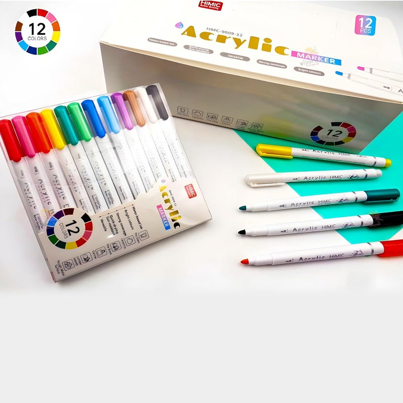 Wishkey WISHKEY 12 Shades Acrylic Marker Pen Set, Water-Based Non-Toxic Ink, Waterproof, Smudge Proof Colorful Sketch Pens, Multipurpose Marker Pens for Art Works, 8+ Years (Pack of 12, Multicolor)  - Image 2