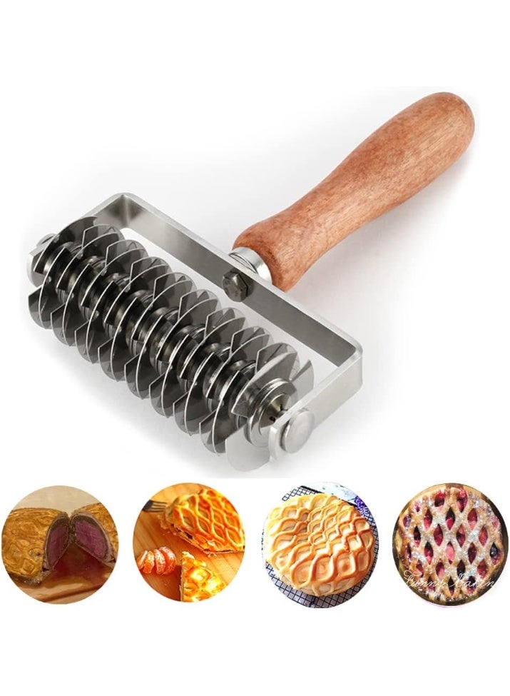 Stainless Steel Dough Lattice Top Cookie Pie Pizza Bread Pastry Crust Roller Cutter,Wood Handle - Image 1