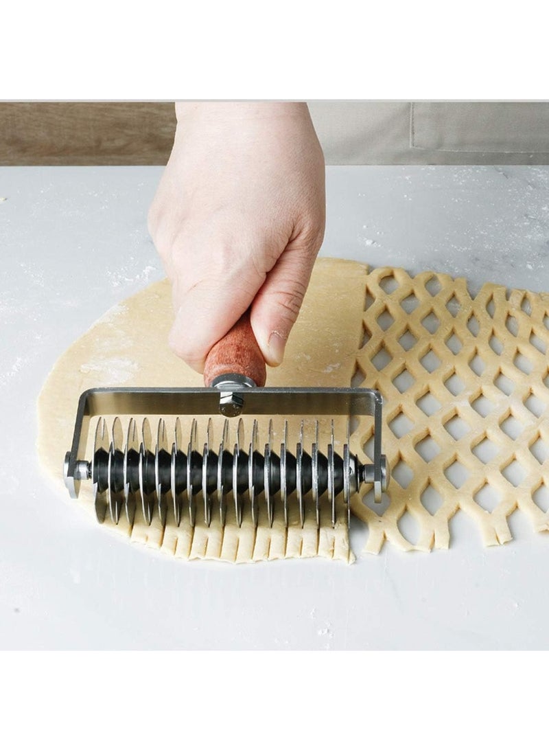 Stainless Steel Dough Lattice Top Cookie Pie Pizza Bread Pastry Crust Roller Cutter,Wood Handle - Image 3