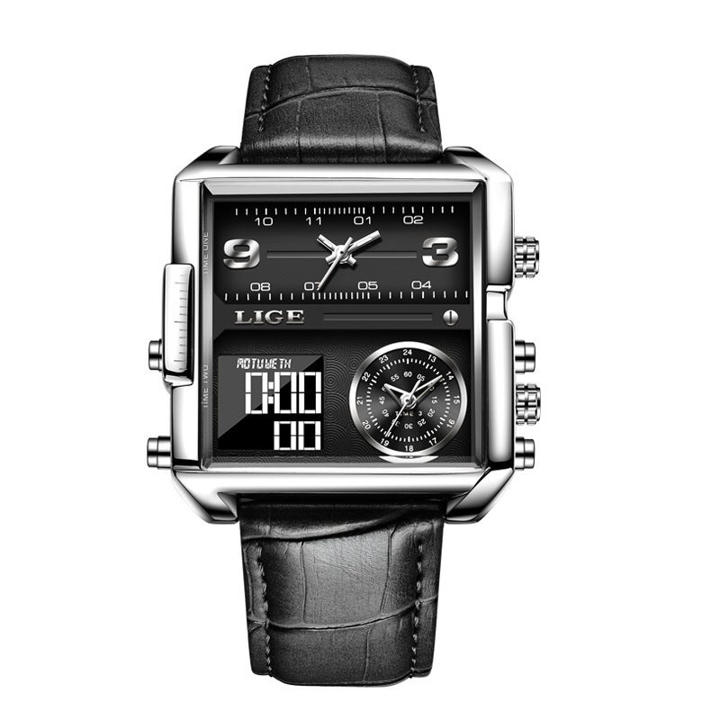 LIGE New Dual Display Quartz Watch, Multifunctional Waterproof Mens Wristwatch Silver Black Belt
