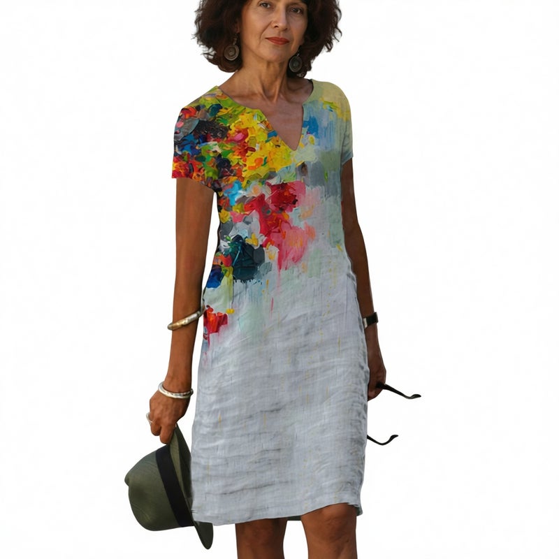 Women's V-Neck Short Sleeve Printed Dress - Image 2