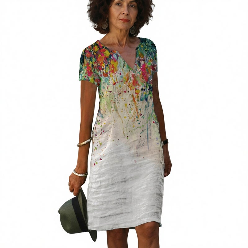 Women's V-Neck Short Sleeve Printed Dress - Image 1