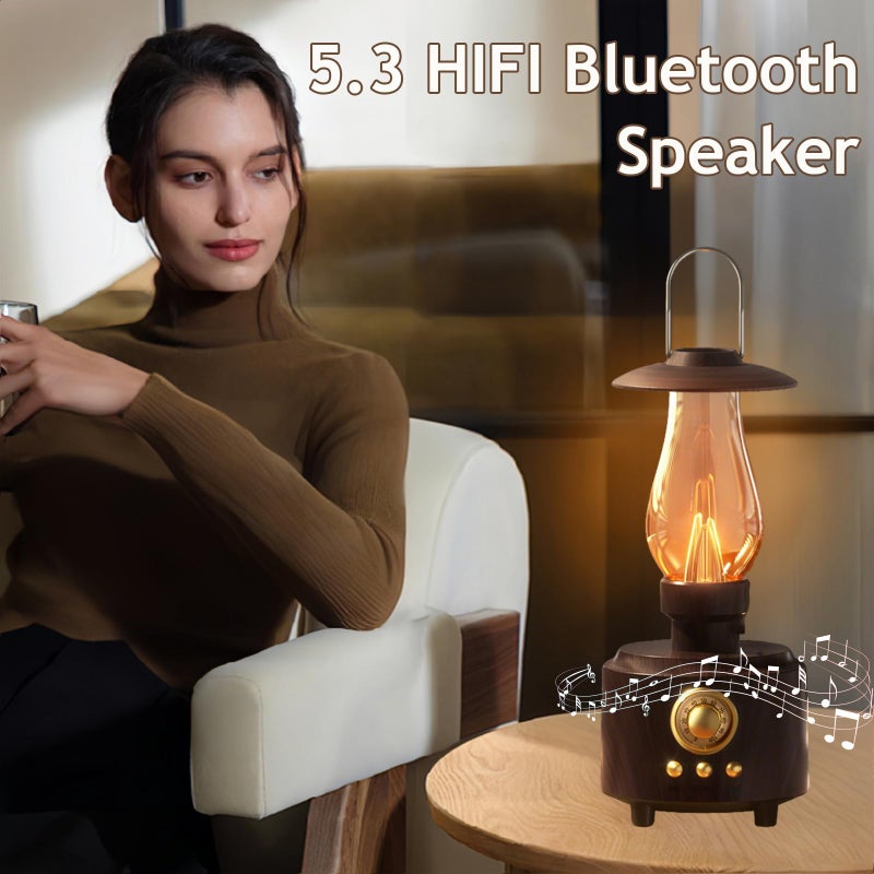 AVEKI Vintage Kerosene Table Lamp with Bluetooth Speaker, Infinitely Dimmable Rechargeable LED Lights for Bedroom, IPX4 Waterproof Bedside Lamps for Camping Party Holiday Home Decor Gift (Woodgrain) - Image 2