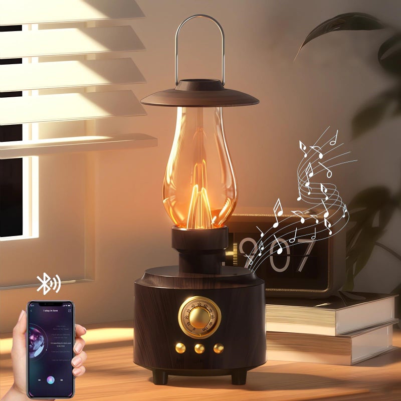AVEKI Vintage Kerosene Table Lamp with Bluetooth Speaker, Infinitely Dimmable Rechargeable LED Lights for Bedroom, IPX4 Waterproof Bedside Lamps for Camping Party Holiday Home Decor Gift (Woodgrain) - Image 1