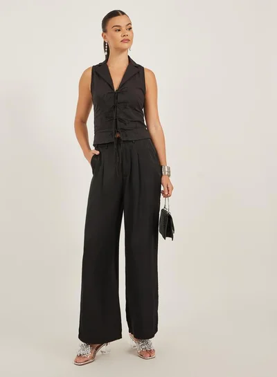 Styli Solid Pleated Wide Leg Pants with Belt Loops