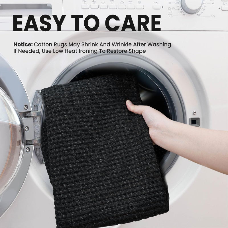 EARTHALL Woven Area Rug 3x5 Ft Washable Rugs for Entryway Braided Non Slip Rubber Backed Throw Rugs Door Mat Indoor Outdoor Entrance Cotton Carpet for Kitchen Foyer Front Door, Black/Grey - Image 3