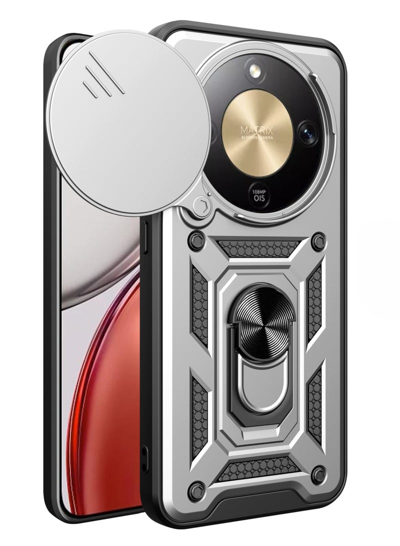 Shunjia Sliding Window Case, Shockproof Rugged Armor with Sliding Camera Cover & 360° Ring Kickstand, Compatible With Honor X9d (Silver) - Image 1
