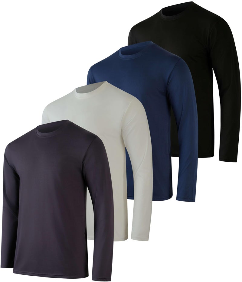 Real Essentials 4 Pack Mens Long Sleeve Dry Fit T Shirts Hiking Fishing Workout Gym Work Sun UPF 50 Wicking Running Tee Set 7 Small