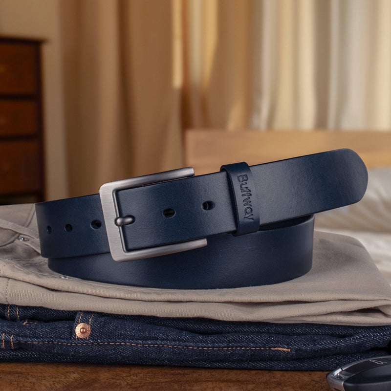 Buffway Leather Belt for Men - Durable Full Grain Men's Belt 1.5", Versatile for Daily Use, with Gift Box- 38" Navy Blue - Image 5