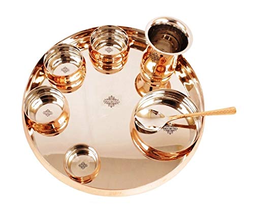 INDIAN ART VILLA INDIAN ART VILLA Stainless Steel Copper Traditional Royal Kitchen Dinner Set of 8 Piece 1 Plate Thali 1 Puding Plate 3 Bowls 1 Chutni Bowl 1 Spoon 1 Glass Special Thali Plate for Decorative Gift - Image 1
