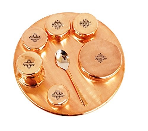 INDIAN ART VILLA INDIAN ART VILLA Stainless Steel Copper Traditional Royal Kitchen Dinner Set of 8 Piece 1 Plate Thali 1 Puding Plate 3 Bowls 1 Chutni Bowl 1 Spoon 1 Glass Special Thali Plate for Decorative Gift - Image 3