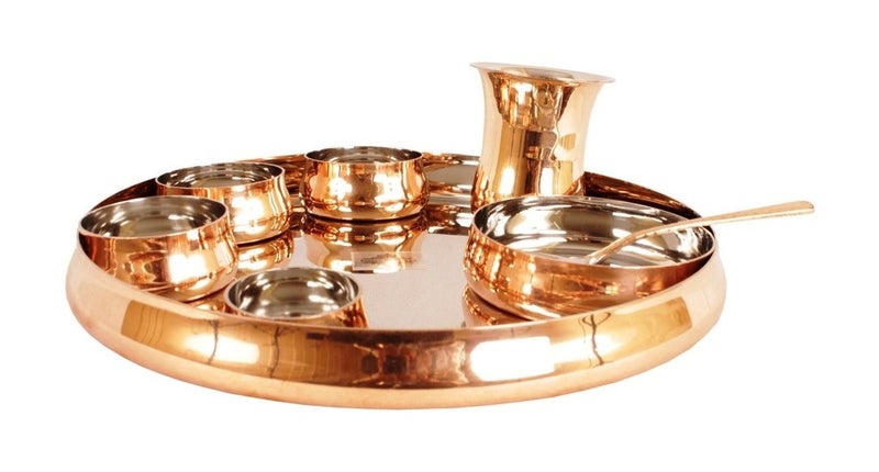 INDIAN ART VILLA INDIAN ART VILLA Stainless Steel Copper Traditional Royal Kitchen Dinner Set of 8 Piece 1 Plate Thali 1 Puding Plate 3 Bowls 1 Chutni Bowl 1 Spoon 1 Glass Special Thali Plate for Decorative Gift - Image 2