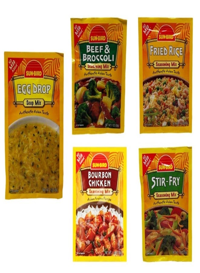 Sun Bird Sun-Bird No MSG Added Asian Seasoning and Soup Mix 5 Flavor Variety Bundle, 1 each: Beef Broccoli, Stir-Fry, Fried Rice, Bourbon Chicken, Egg Drop Soup (.74-1.25 Ounces) - Image 1