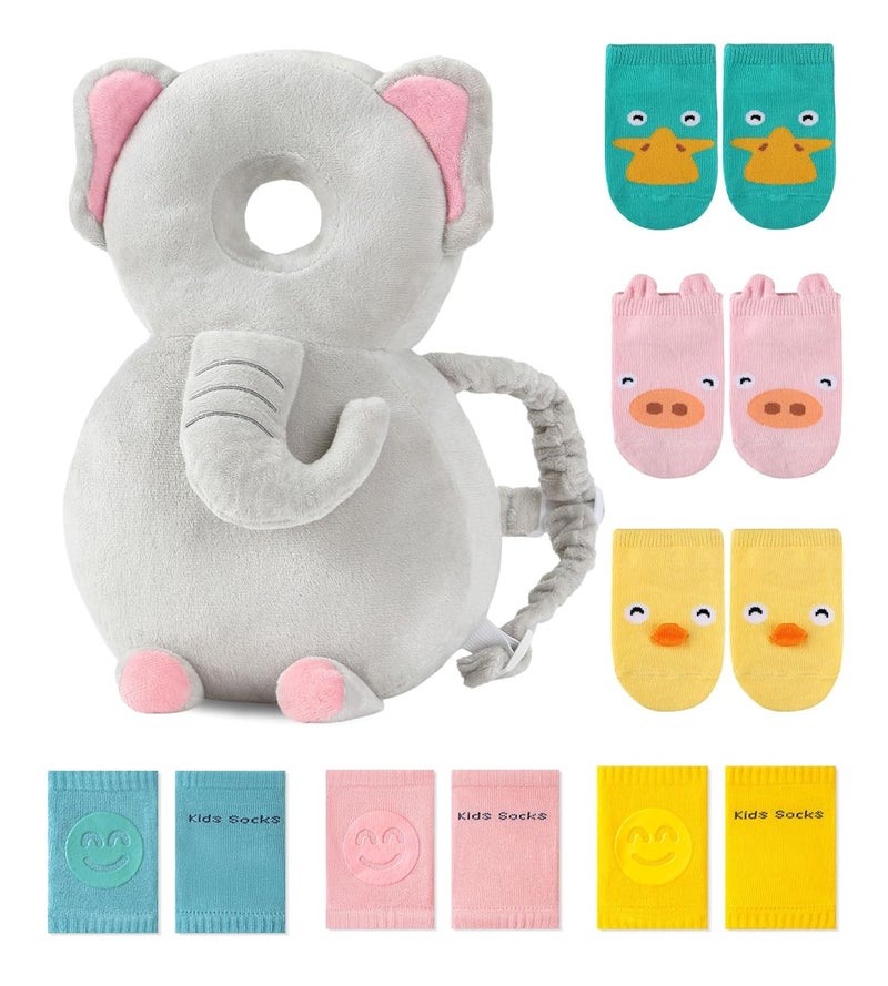 JunNeng Toddler Baby Head Protector Backpack for Toddler Walker with Knee Pads&Anti-Slip Socks, Elephant - Image 1
