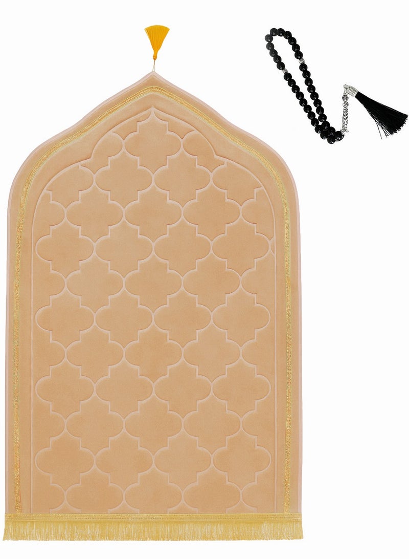 Fabienne Foam Filled Prayer Mat with Prayer Beads Soft, Anti-Skid, Portable and Light-Weight Prayer Rug for Men Women Eid Gift Ramadan 70x110cm Beige  - Image 1