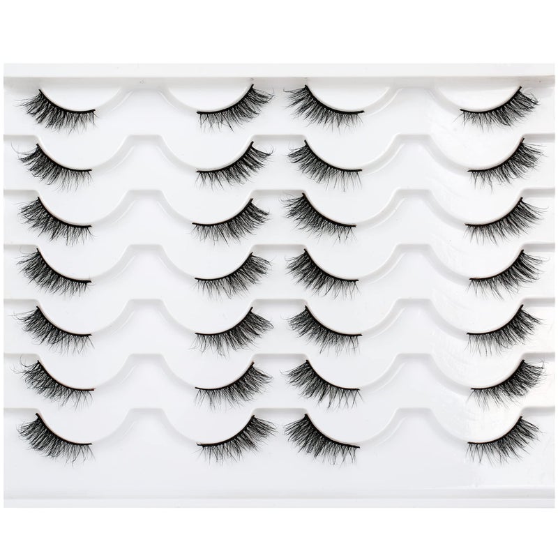 Pooplunch Fluffy Half False Eyelashes Wispy Cat Eye Look Natural Short Accent Lashes Faux Mink Fake Eyelashes 14 Pairs Pack, Black - Image 1