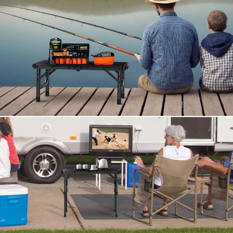 VINTEAM Camping Folding Table with Adjustable Height, Lightweight Portable Outdoor Picnic Table, BBQ Grill Side Table, Durable Aluminum Frame, MDF Desktop for Camping, Fishing, RV, Beach (Black) - Image 3