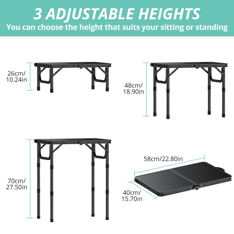 VINTEAM Camping Folding Table with Adjustable Height, Lightweight Portable Outdoor Picnic Table, BBQ Grill Side Table, Durable Aluminum Frame, MDF Desktop for Camping, Fishing, RV, Beach (Black) - Image 4