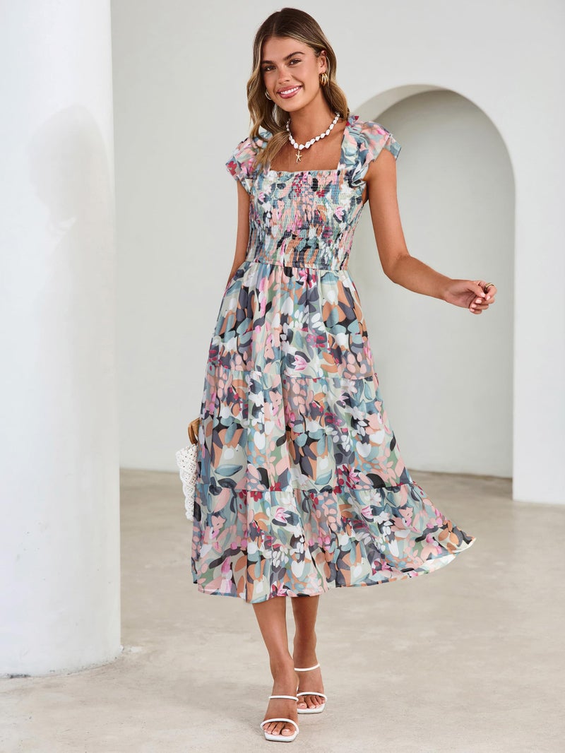 Simplee Women Floral Summer Sun Dress Flutter Sleeve Smocked Chiffon Midi Dress Casual Boho Flowy Dress with Pockets (Green Floral XL) - Image 2