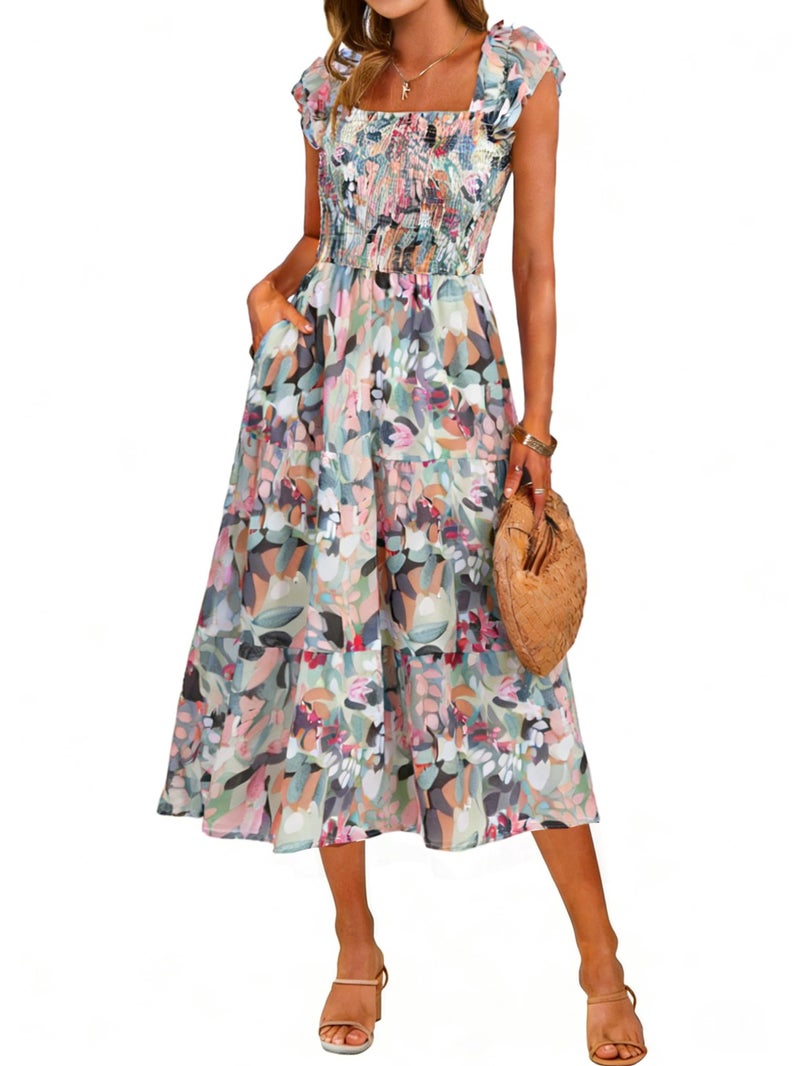 Simplee Women Floral Summer Sun Dress Flutter Sleeve Smocked Chiffon Midi Dress Casual Boho Flowy Dress with Pockets (Green Floral XL) - Image 1