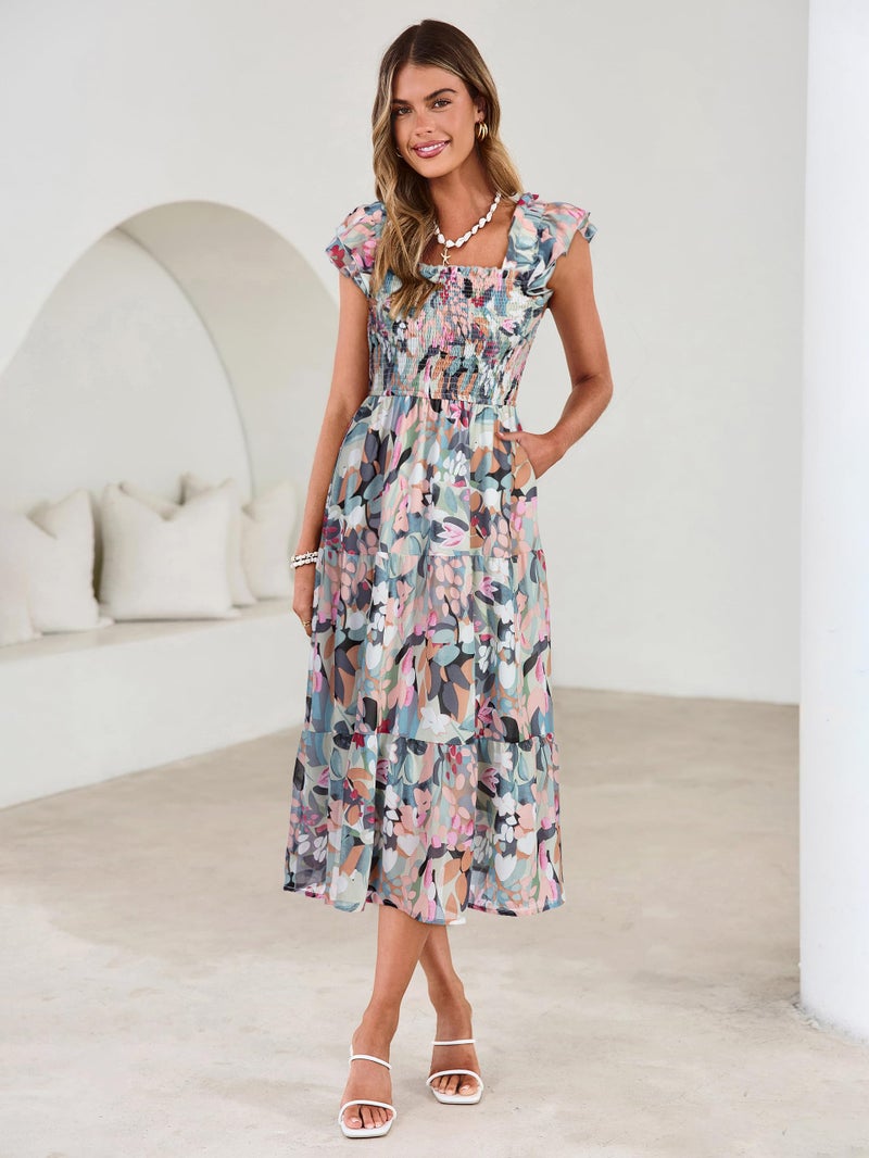 Simplee Women Floral Summer Sun Dress Flutter Sleeve Smocked Chiffon Midi Dress Casual Boho Flowy Dress with Pockets (Green Floral XL) - Image 4