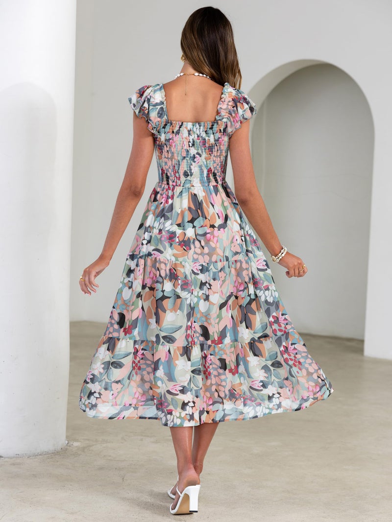 Simplee Women Floral Summer Sun Dress Flutter Sleeve Smocked Chiffon Midi Dress Casual Boho Flowy Dress with Pockets (Green Floral XL) - Image 5