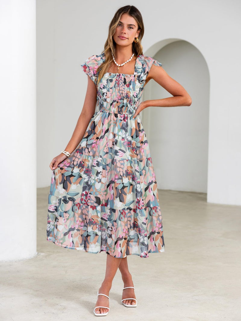 Simplee Women Floral Summer Sun Dress Flutter Sleeve Smocked Chiffon Midi Dress Casual Boho Flowy Dress with Pockets (Green Floral XL) - Image 3