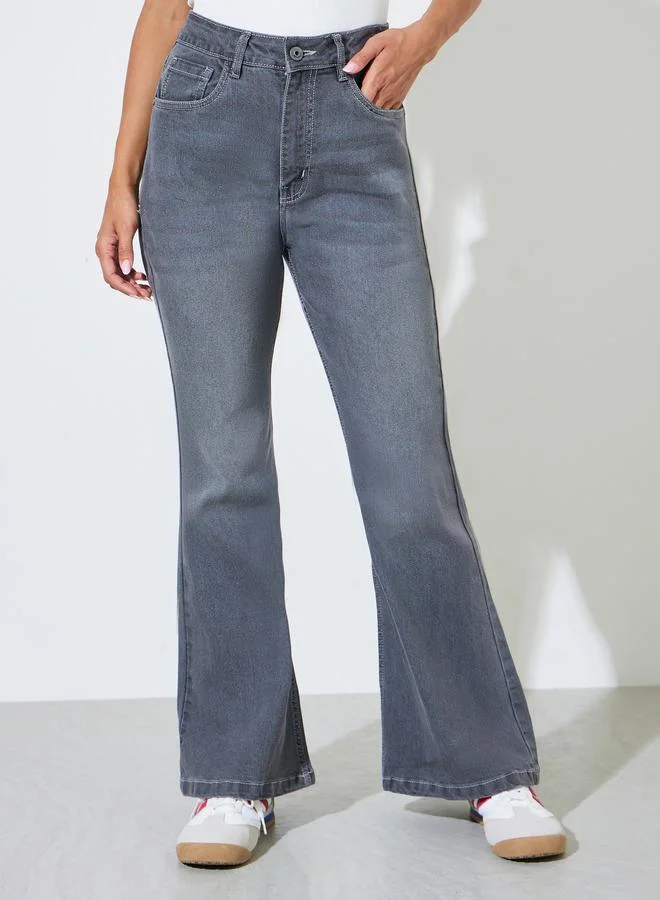 Grey Faded Stretch Flared Jeans