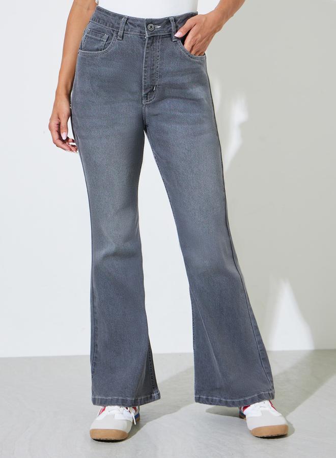 Styli Grey Faded Stretch Flared Jeans - Image 1
