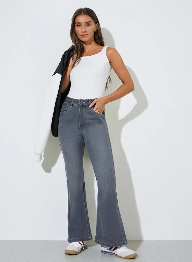 Styli  Grey Faded Stretch Flared Jeans for Women | Best Price UAE