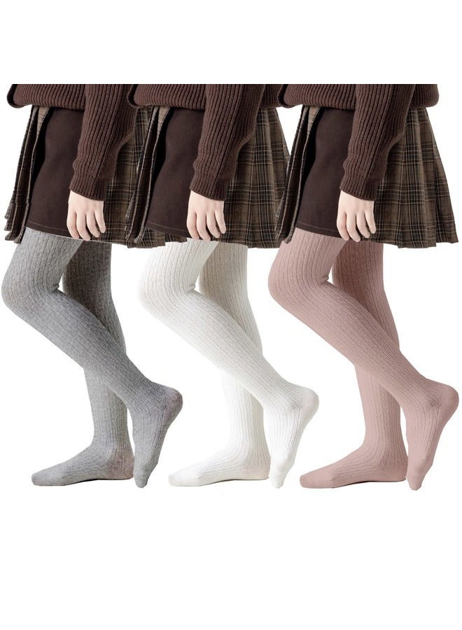 Girls Tights Toddler Seamless Plain/Cable Knit Leggings Stockings 2/3 Pack Cotton Pantyhose Pants for Toddlers Kids 2-8 Years, Cable_ivory+grey+dirty Pink, 3 pairs, 4-6 Years
