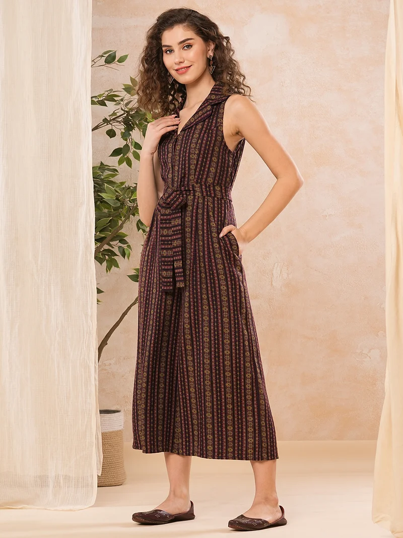 جلو باص جمبسوت نسائي جلوبس بياقة مطوية وطبعات عرقية وربطة خصر واسع الأرجل