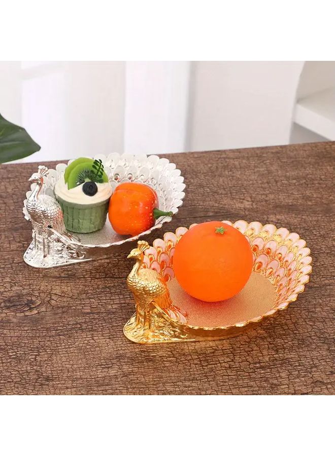 Golden Peacock Themed Decorative Metal Tray For Parties Vintage Design Multipurpose Storage And Display Platter With Ornate Details - Image 1