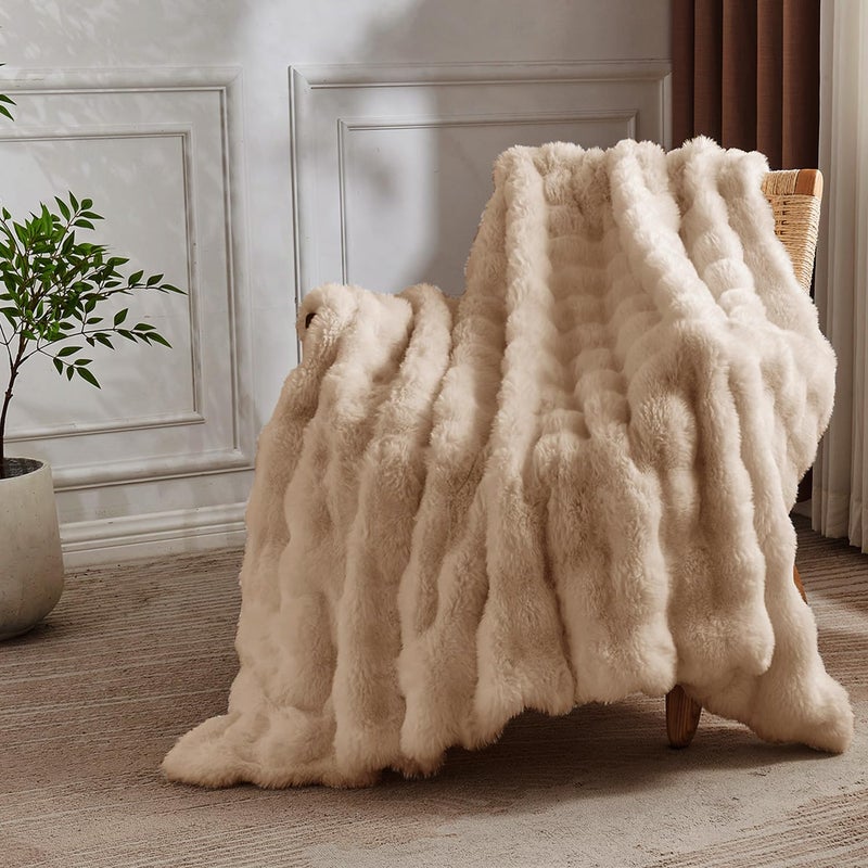 Lotus Karen Lotus Karen King Size Faux Fur Blanket Khaki - Big Bubble Rabbit Fluff Blanket for Bed  Large Fluffy Fuzzy Cozy Blanket  Thick Furry Plush Shaggy Blankets  108x90 Inches  - Image 4