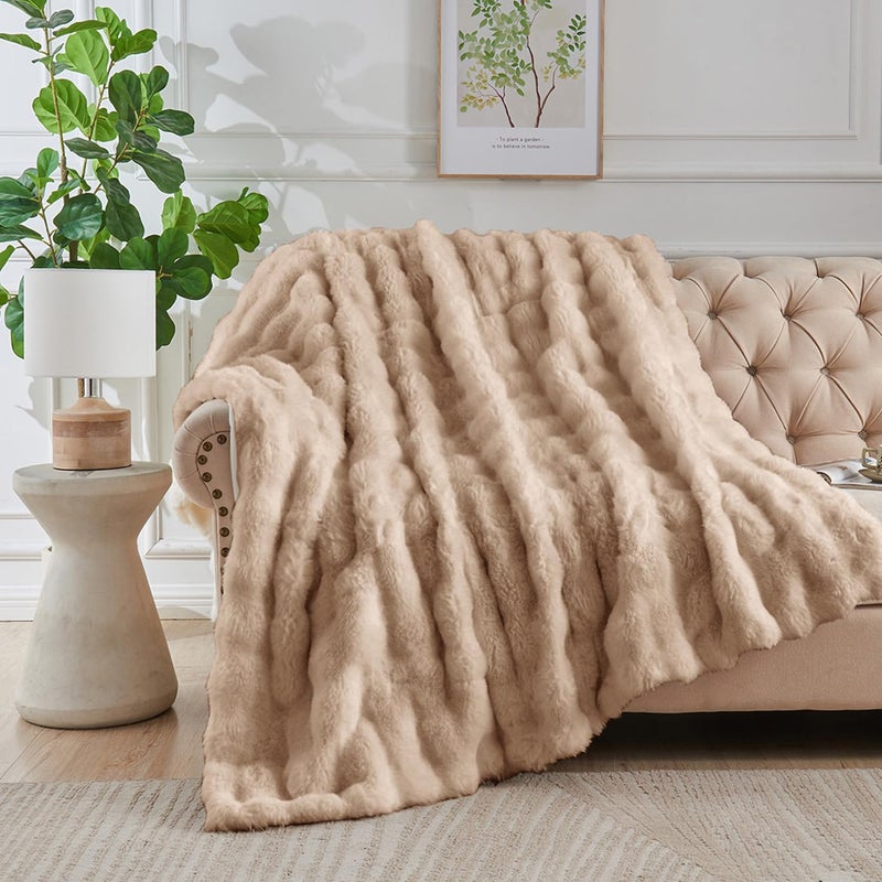 Lotus Karen Lotus Karen King Size Faux Fur Blanket Khaki - Big Bubble Rabbit Fluff Blanket for Bed  Large Fluffy Fuzzy Cozy Blanket  Thick Furry Plush Shaggy Blankets  108x90 Inches  - Image 1