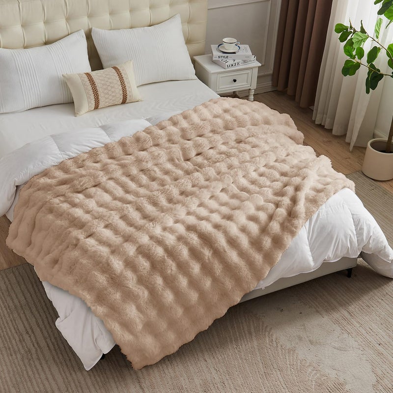 Lotus Karen Lotus Karen King Size Faux Fur Blanket Khaki - Big Bubble Rabbit Fluff Blanket for Bed  Large Fluffy Fuzzy Cozy Blanket  Thick Furry Plush Shaggy Blankets  108x90 Inches  - Image 5