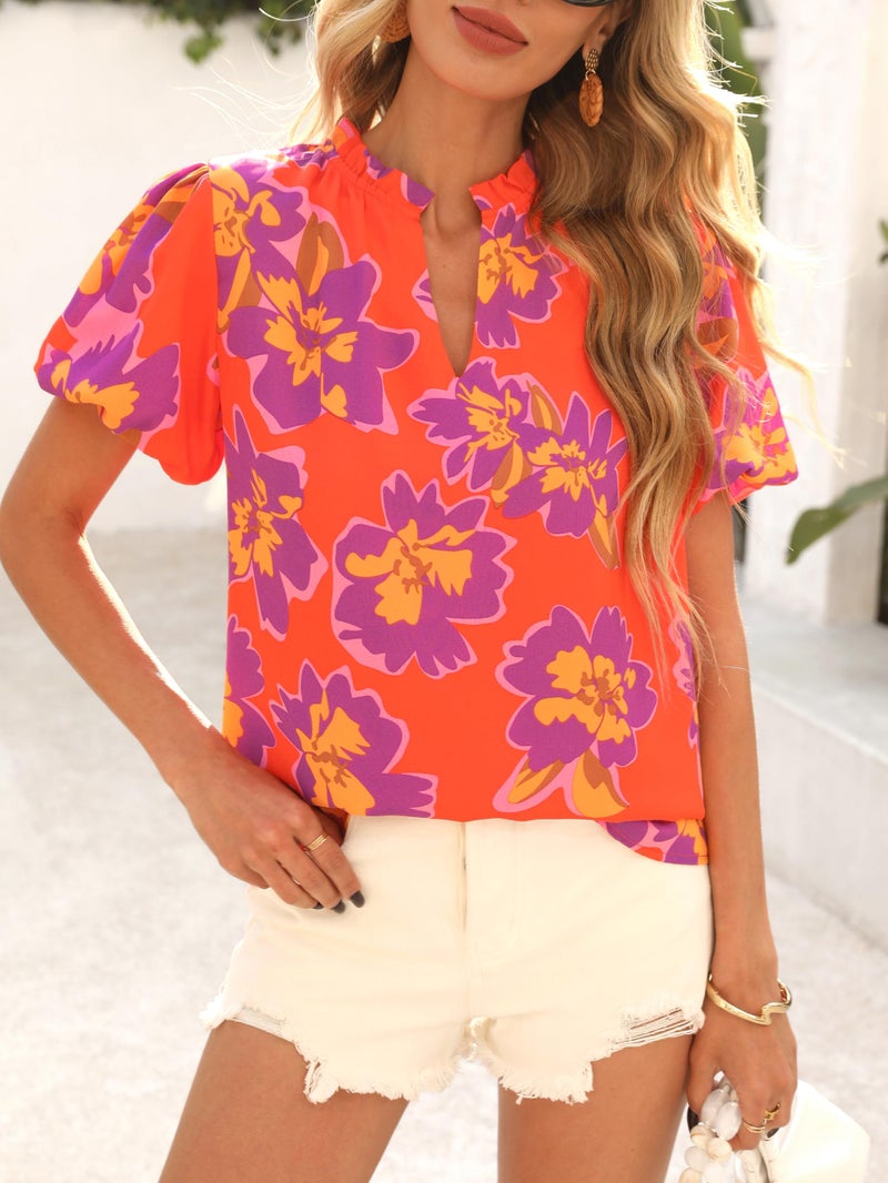 MASCOMODA Boho Short Sleeve Floral Work Blouses for Women Dressy Casual V Neck Puff Sleeve Loose Chiffon Flowy Tops Shirts(Orange Purple Flower,X-Large) - Image 2