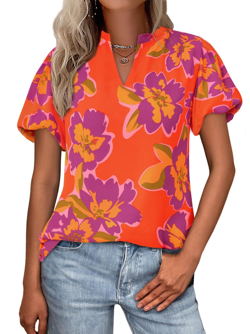 MASCOMODA Boho Short Sleeve Floral Work Blouses for Women Dressy Casual V Neck Puff Sleeve Loose Chiffon Flowy Tops Shirts(Orange Purple Flower,X-Large) - Image 1