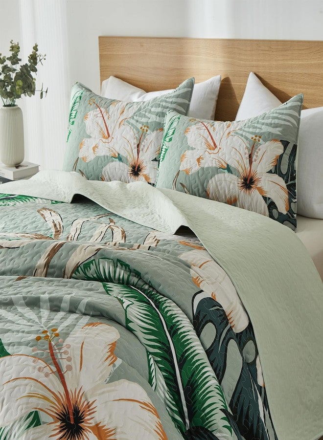 Yogeneg Queen Quilt Bedding Set,White Botanical Pattern Sage Green Full/Queen Quilt Set,3 Piece Lightweight Soft Summer Bedspread Coverlet with 2 PIillow Shams,All Season(Sage Green,90"x96") - Image 2