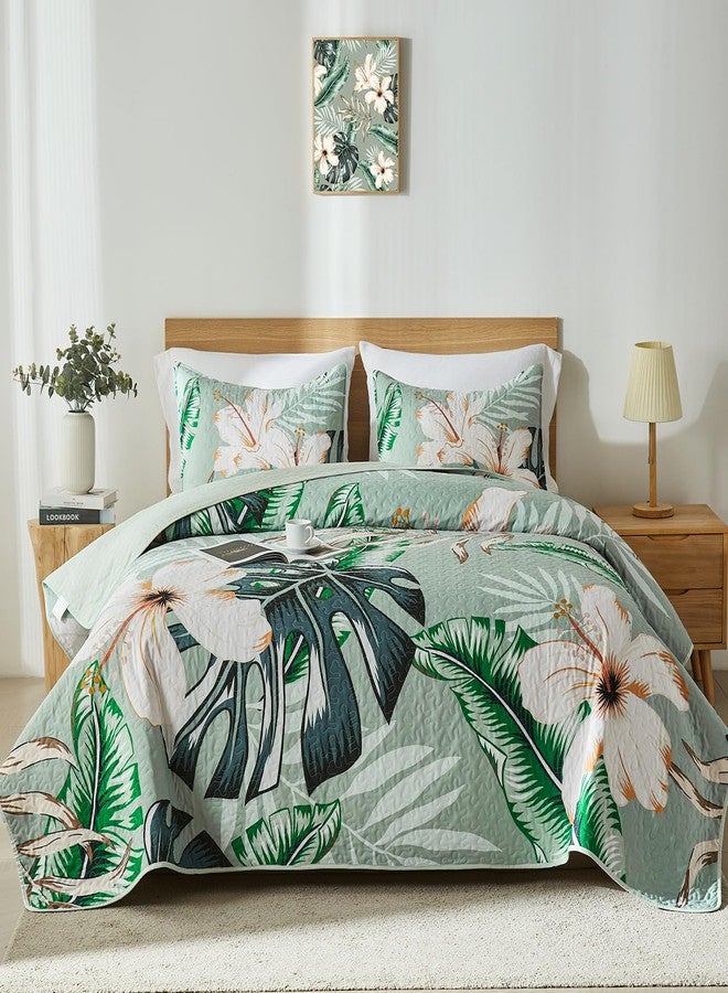 Yogeneg Queen Quilt Bedding Set,White Botanical Pattern Sage Green Full/Queen Quilt Set,3 Piece Lightweight Soft Summer Bedspread Coverlet with 2 PIillow Shams,All Season(Sage Green,90"x96") - Image 1