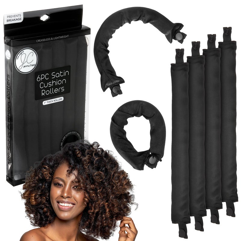 Expressions Jenny Capp 6pc Satin Cushion Hair Rollers 1" Thick - Super Soft Accessories for Women, Promote Healthy Curls & Prevent Breakage for Natural Hair - Image 1