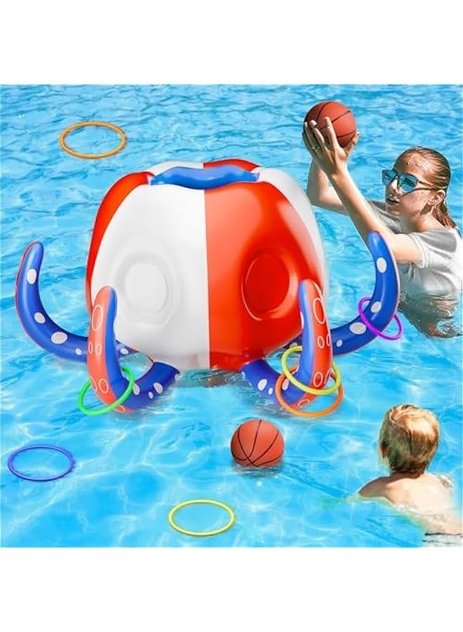 Generic Pool Wave Kids Octopus Pool Toys, 2-in-1 Inflatable Float Water Game Basketball Hoop Ring Toss Outdoor Swim Cool Summer Family Party Gift 3 4 5 6 7 8 Yr Old Boy Girl Child-Blue Red White  - Image 1