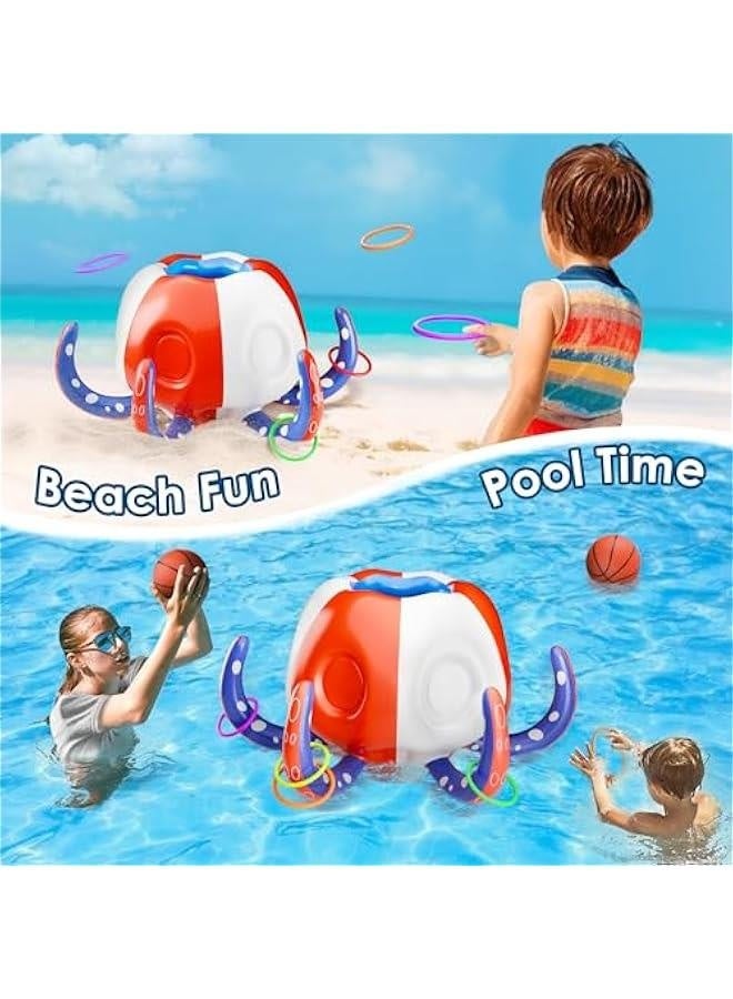 Generic Pool Wave Kids Octopus Pool Toys, 2-in-1 Inflatable Float Water Game Basketball Hoop Ring Toss Outdoor Swim Cool Summer Family Party Gift 3 4 5 6 7 8 Yr Old Boy Girl Child-Blue Red White  - Image 3