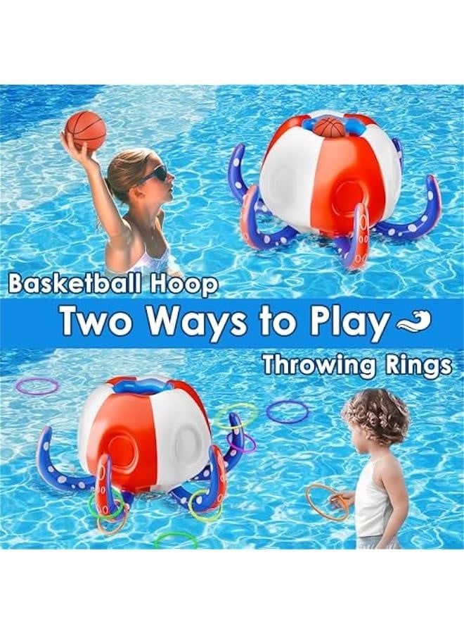 Generic Pool Wave Kids Octopus Pool Toys, 2-in-1 Inflatable Float Water Game Basketball Hoop Ring Toss Outdoor Swim Cool Summer Family Party Gift 3 4 5 6 7 8 Yr Old Boy Girl Child-Blue Red White  - Image 2