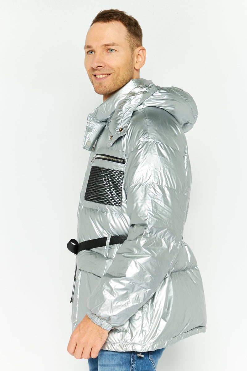 Selected Homme Men Solid Hooded Jacket, Silver - Image 3